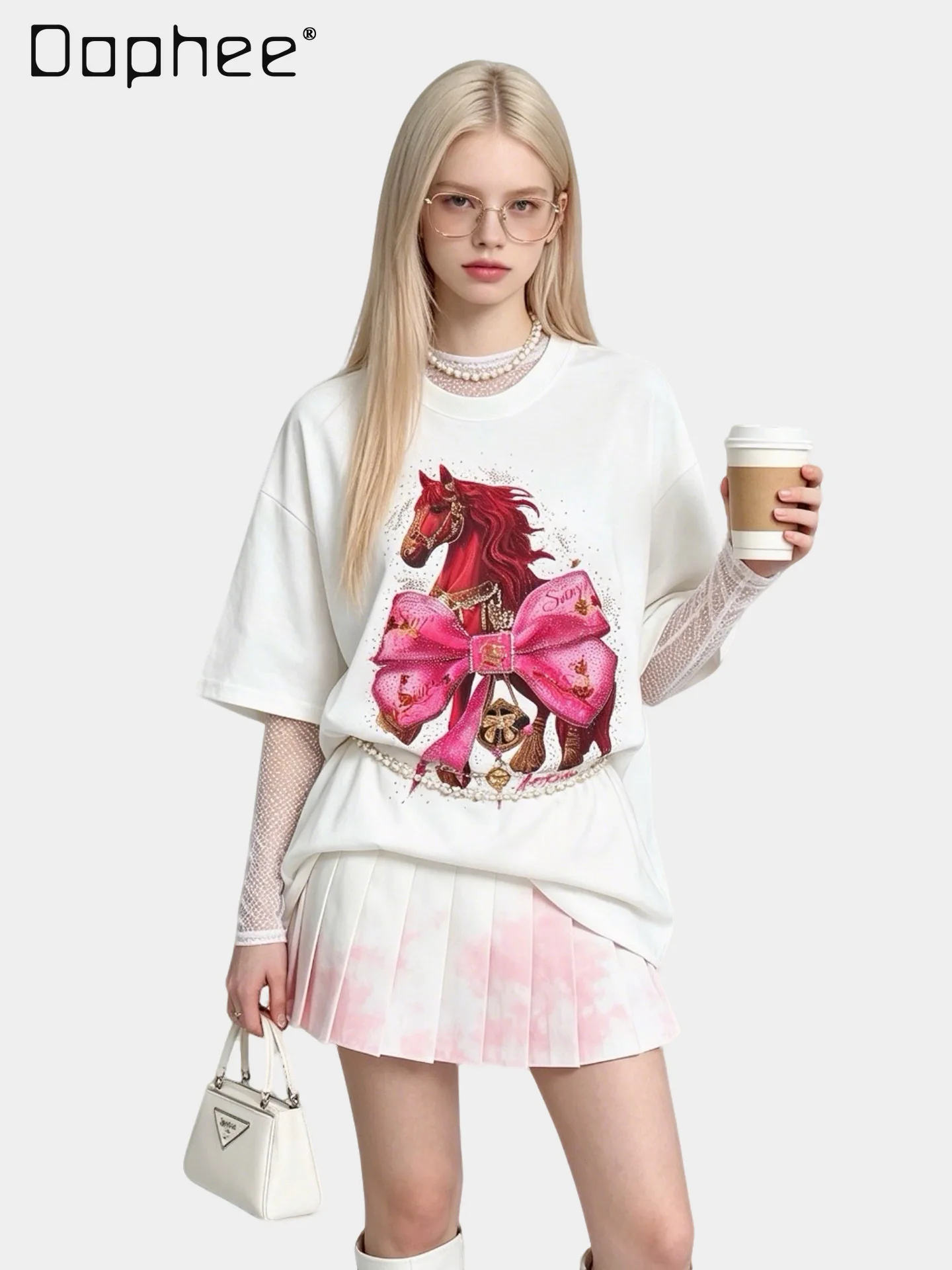 

Fashion Horse Rhinestone Print Cotton Short T-Shirt Round Neck Loose Top Women's Clothing Kawaii Clothes Oversized T Shirt