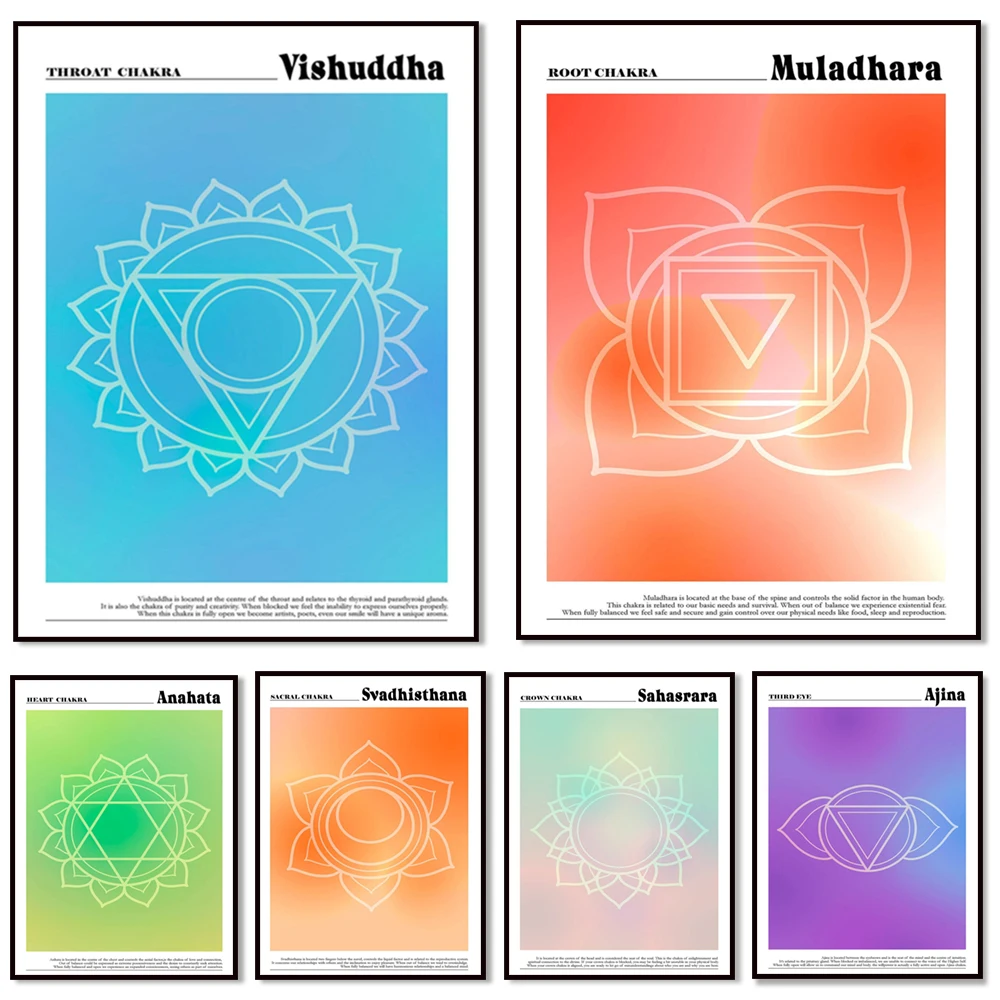 7 chakras poster, root chakra, heart chakra, crown chakra, halo gradient art, yoga meditation spiritual reiki aesthetic poster