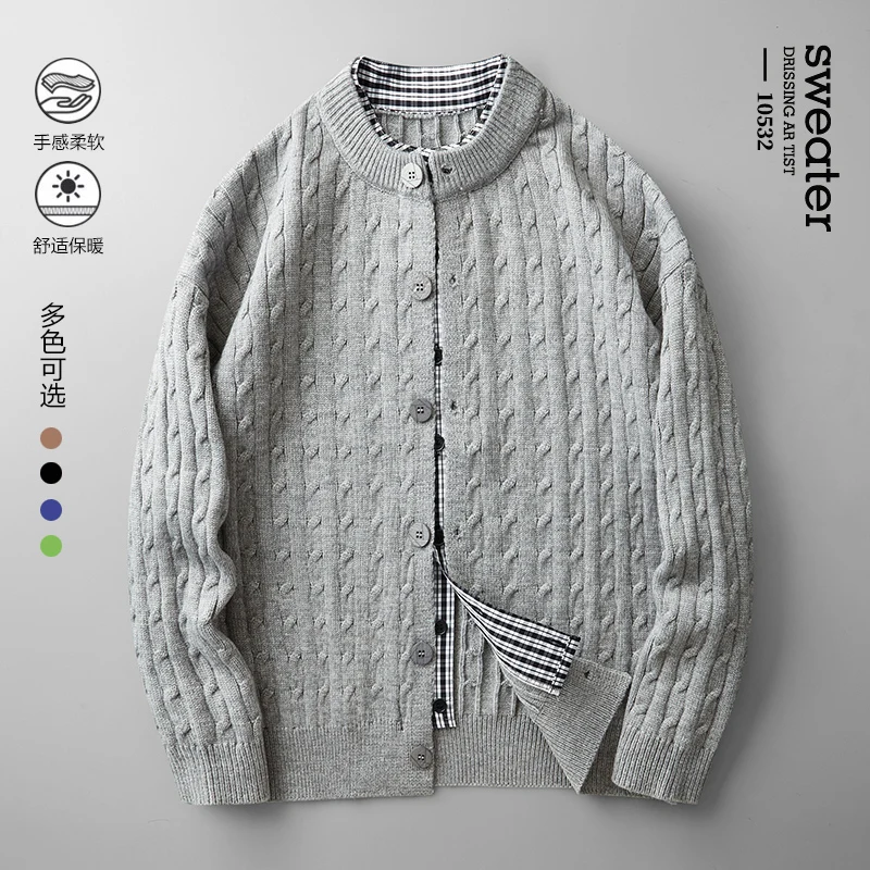 

Мужской кардиган с круглым вырезом, однотонный, на пуговицах, с длинными рукавами, вязаный, модный свитер-жакет с узором косы