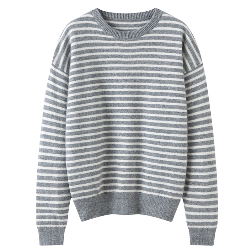 

Новый осенне-зимний женский свитер из чистого кашемира с круглым воротником, вязаный пуловер, 100% кашемировый трикотаж, теплые свободные популярные топы в полоску