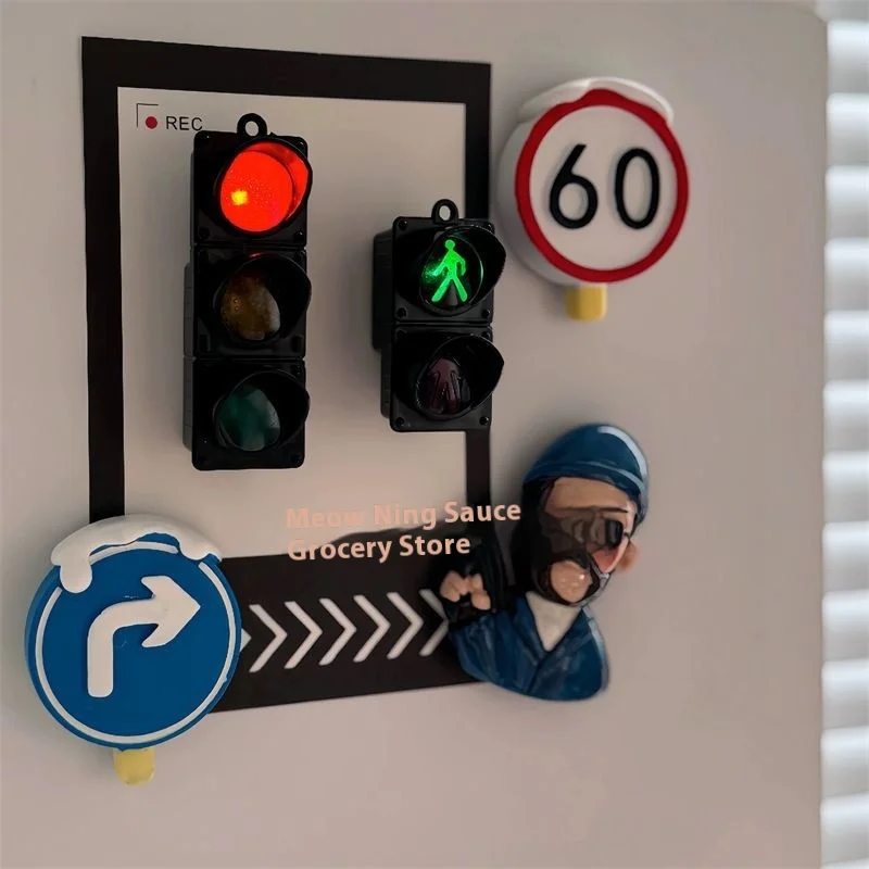 مغناطيس الثلاجة لإشارة المرور المحاكاة المصغرة - ملصق باب الثلاجة لديكور المنزل الإبداعي مع ميزة الإضاءة