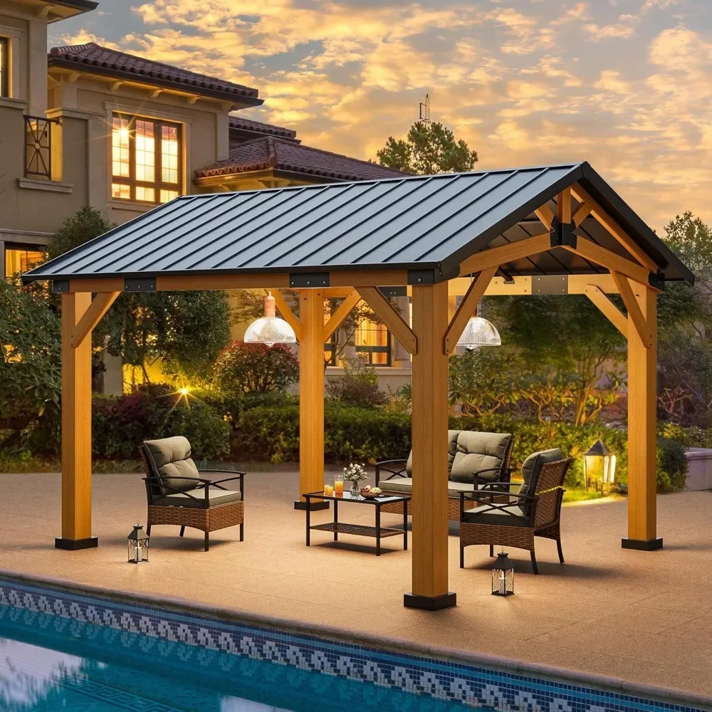 

10x12FT Wood Gazebo Outdoor Hardtop Spruce Frame Canopy With Galvanized Steel Top Pavilion Gable Roof For Lawn
