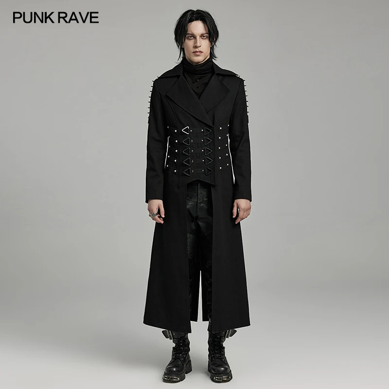 

PUNK RAVE Men's Punk Heavy Industry Visual Long Coat Flip Collar Design Shoulder Spikes Casual Mens Jacket Autumn