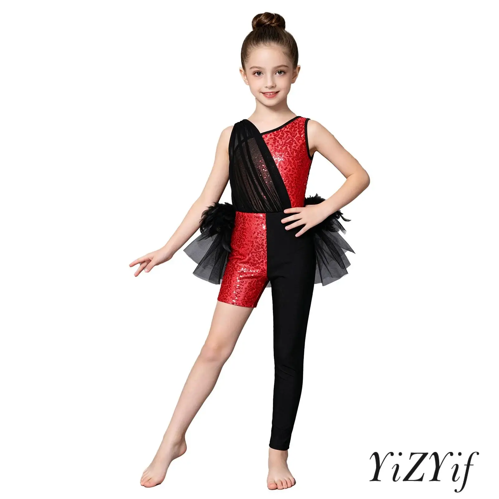 

Kids Girls Jazz Dance Costume Sparkly Sequins Asymmetrical Leotard Jumpsuit Feather Tulle Skirt Unitard Ballerina Dance Costume
