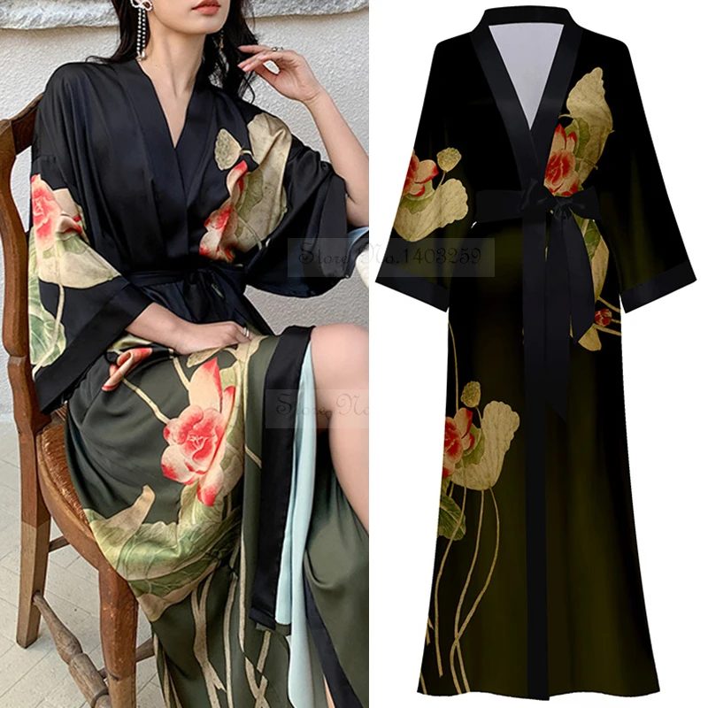 Print Flower Long Kimono Bathrobe Gown Oversize Female Robe Nightdress Sexy Loose Nightgown Lounge Wear Spring Summer Home Dress