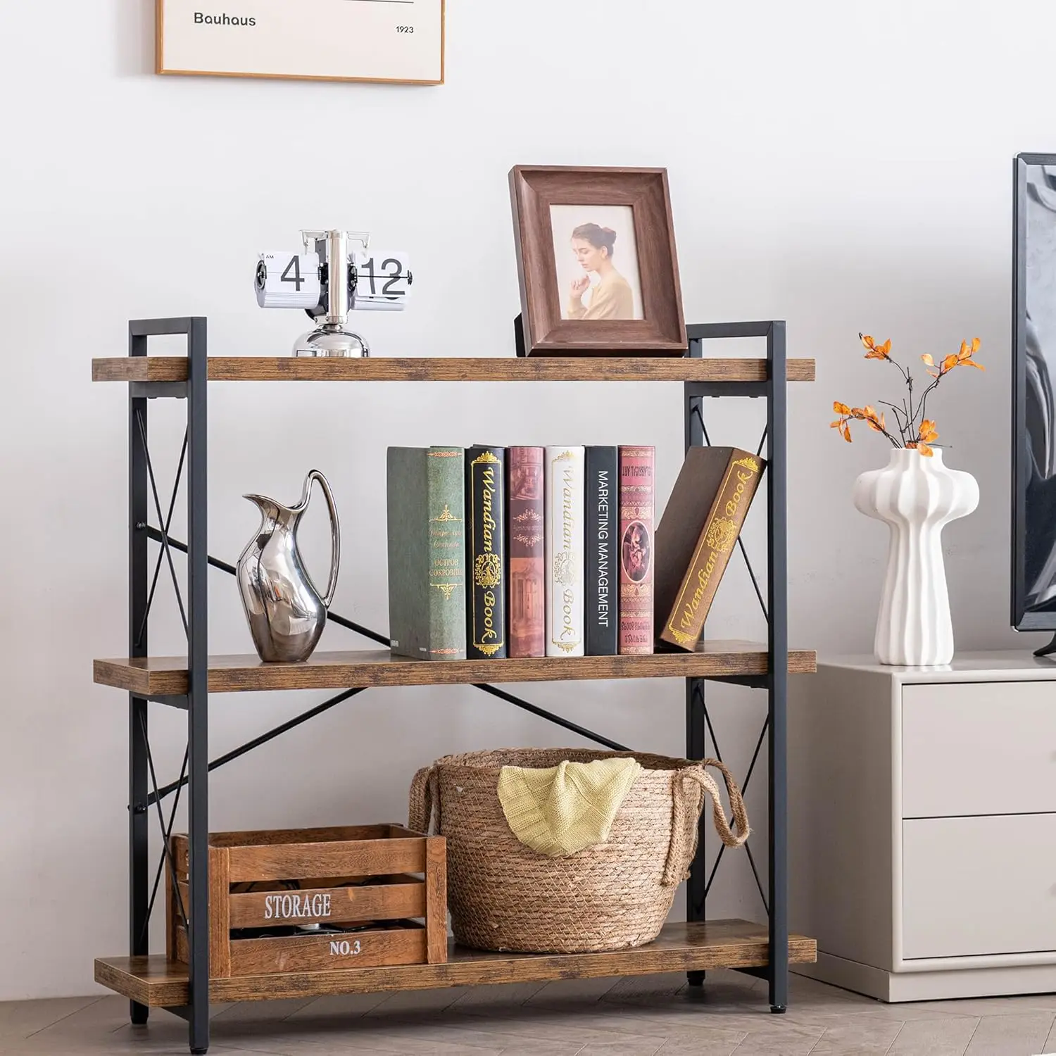 

Bookshelf, 3-Tier Industrial Bookcase, Rustic Open Book Shelf, Wood and Metal Horizontal Bookshelves