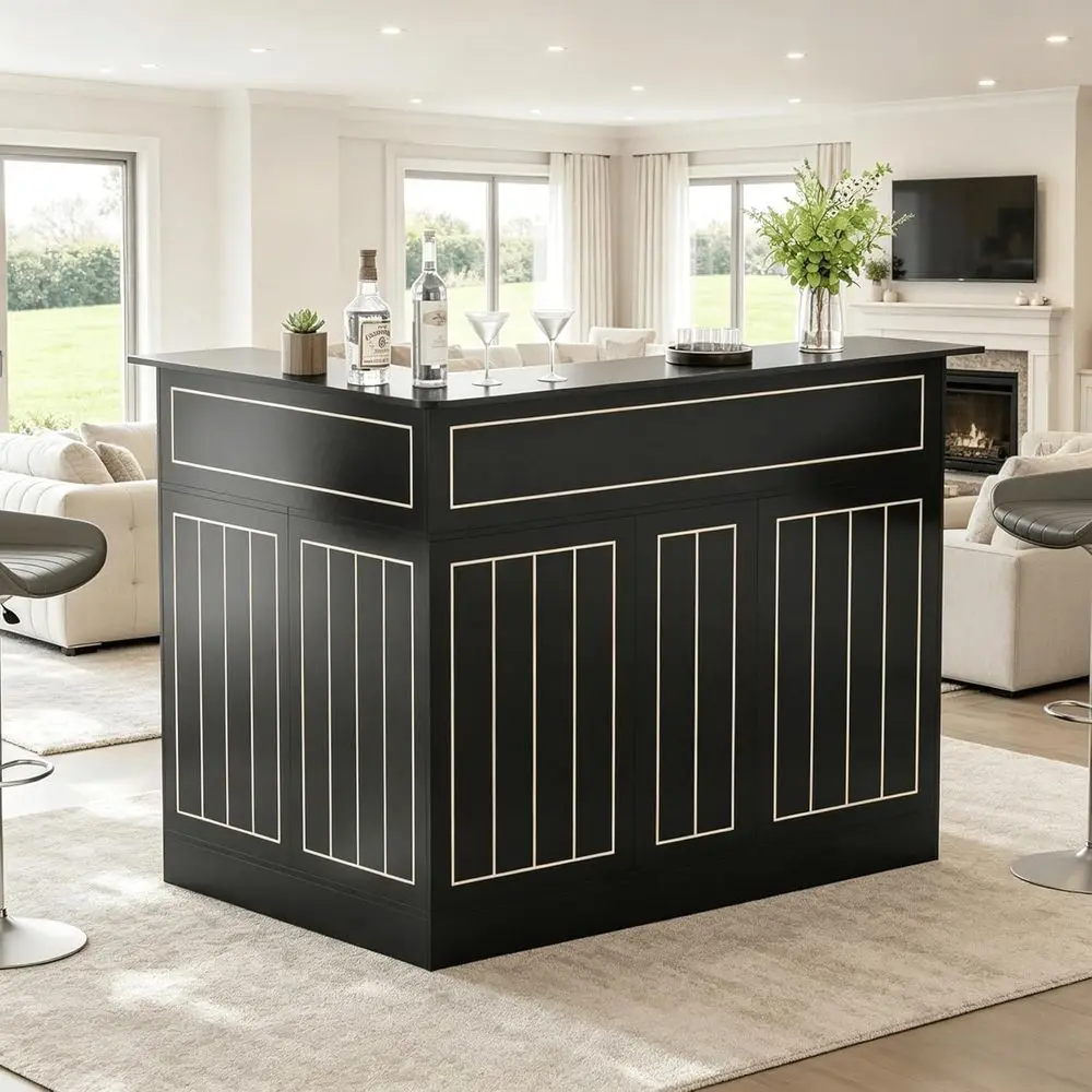 

4-Tier L-Shaped Home Bar Unit with Power Outlets, Stemware Racks, and Liquor Storage for Basement or Living Spaces