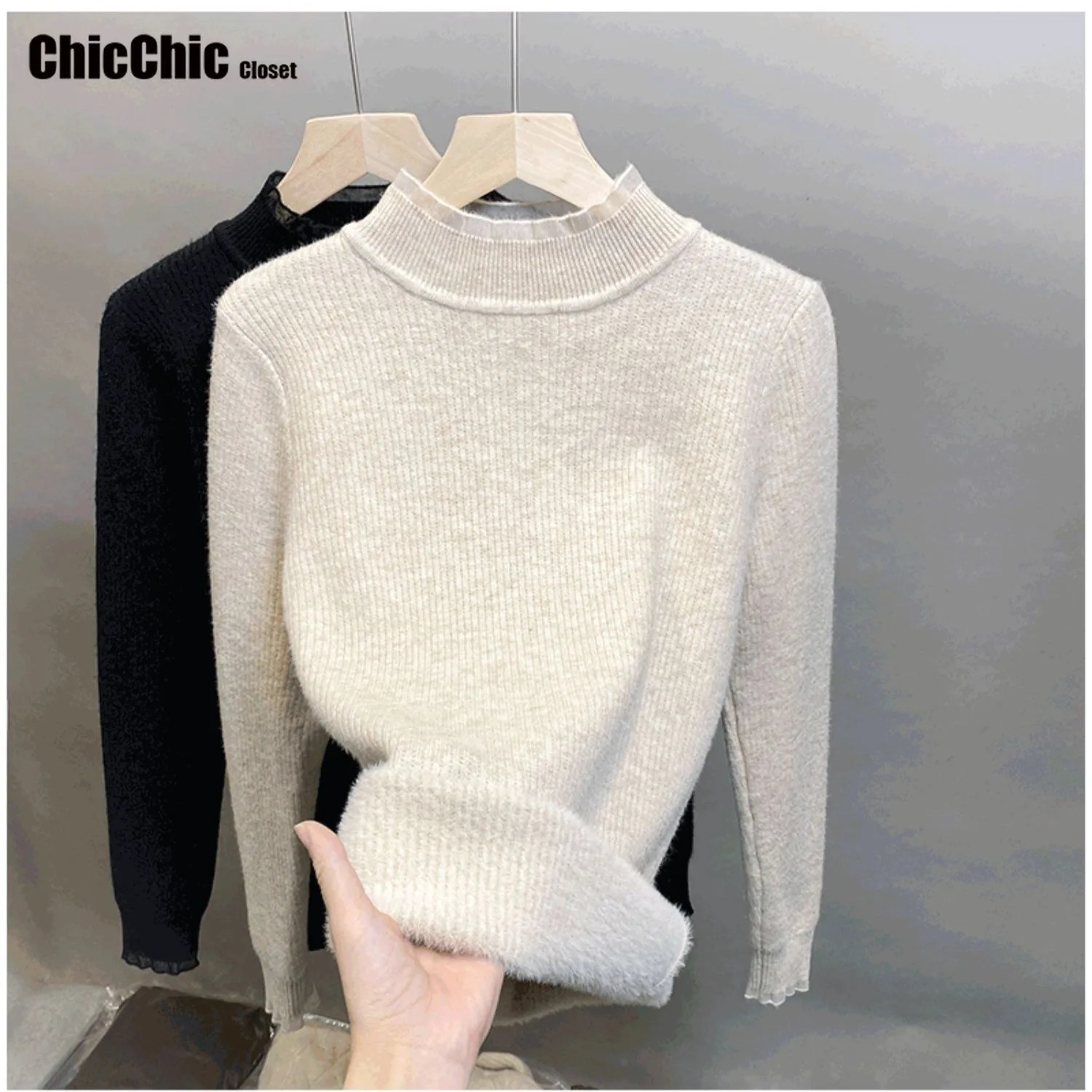 

Lace Turtleneck Winter Sweater Women Elegant Thicken Velvet Lined Warm Sueter Knitted Pullover Slim Tops Jersey Knitwear Jumper
