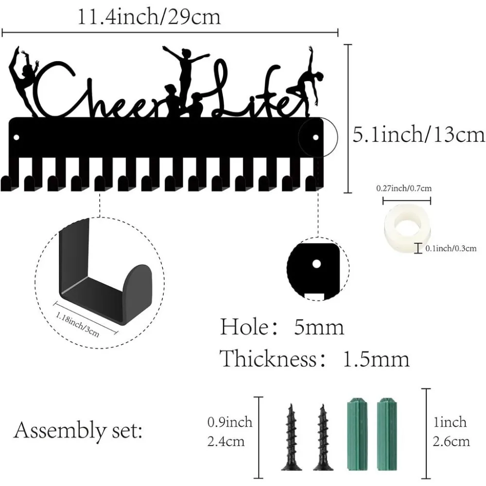 Cheer Life Medal Holder Medal Hanger Display Rack Sports Metal Hanging Awards Mount Decor with 14 Hooks Black 11.4 x 5.1 Inch