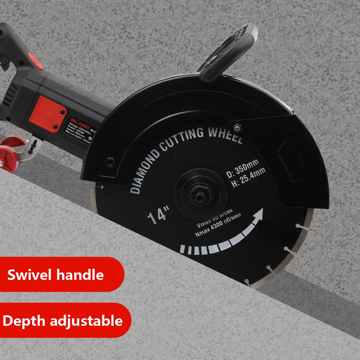 3200W Elektrische Betonsäge, wassergekühlte Schneidemaschine mit 350mm Klinge, handgeführte Kreissäge, staubarme Schlitzfräse – Detail 4