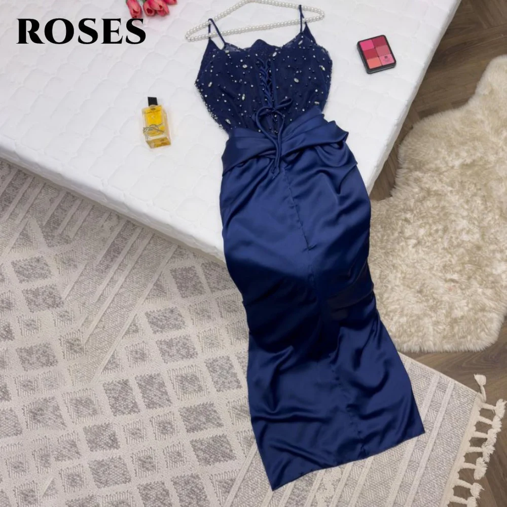 ROSES フクシア ステイン スクープ プロムドレス スパゲッティストラップ イブニングドレス スパンコール付き スイートハート トランペット パーティードレス カスタマイズ