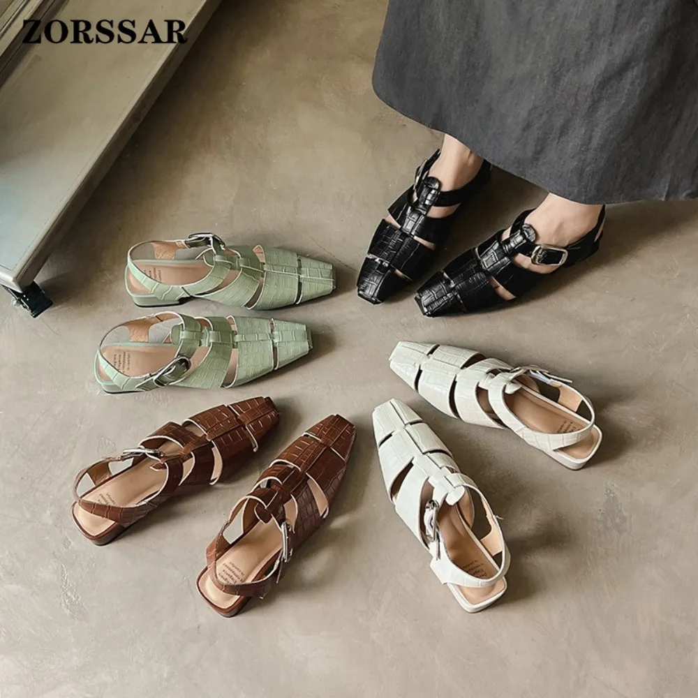 

Womens White Crocodile Pattern Fisherman Sandals, Square Toe Low Heel Ankle Strap Buckle Closed Toe Gladiator Sandals for Summer