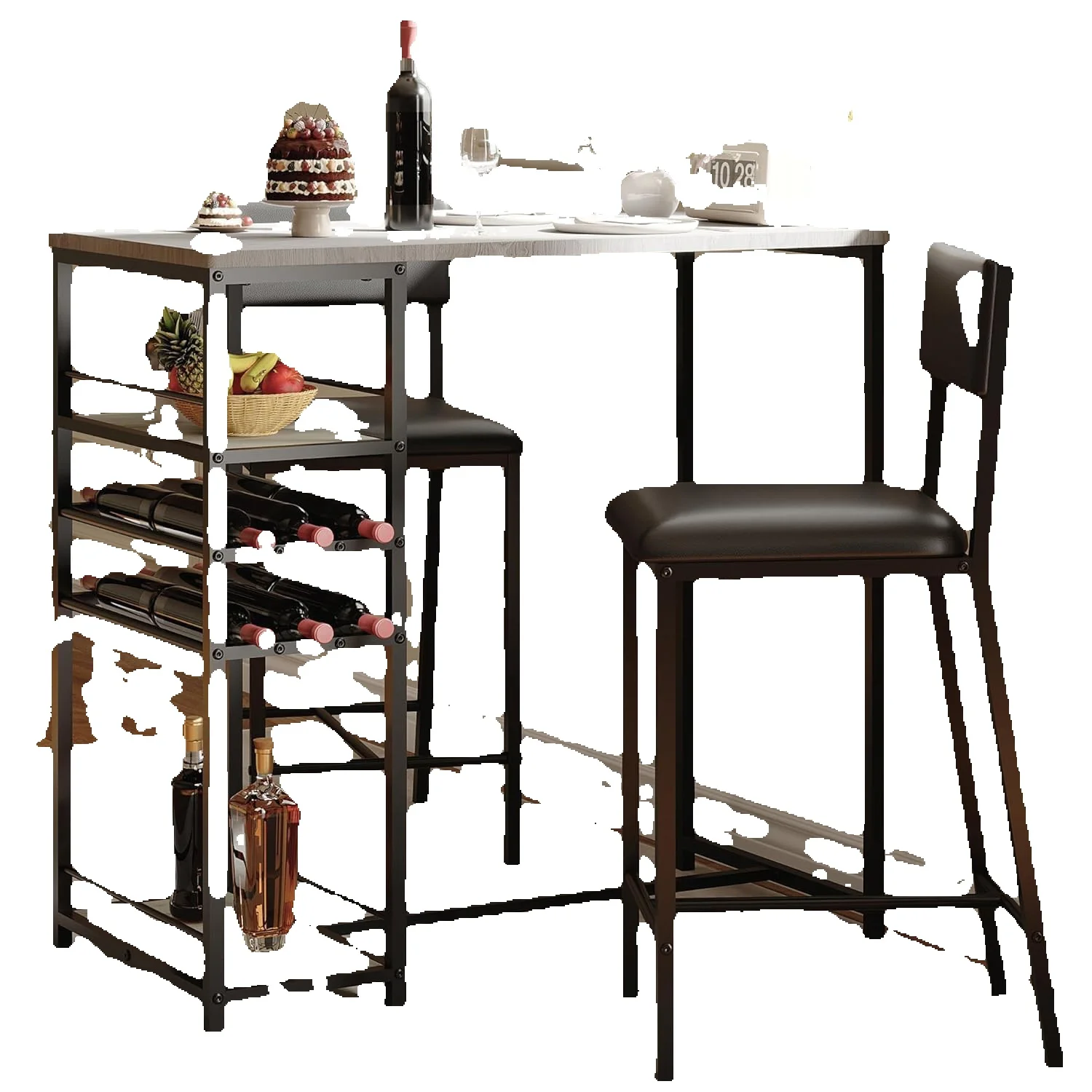 Bartisch Set 3-Teilig, Esstisch mit 2 Stühlen & & 3 Ablagen, Tresentisch Barhocker Essgruppe 2 Personen Küchentisch Industriedesign Metallrahmen, Grau