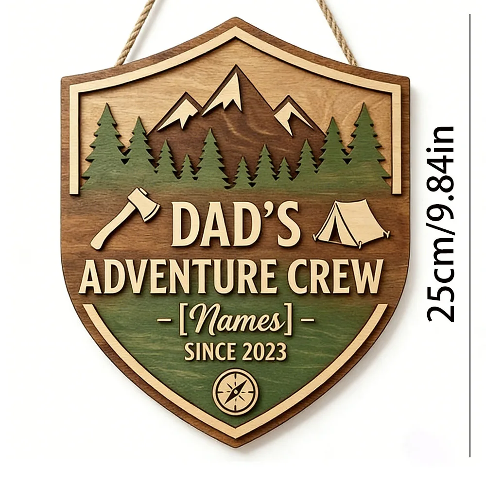 Rustic Adventure Crew Custom Shield Sign, 3D Layered Mountain & Axe Wooden Plaque, Camping Wall Art, Personalized Family Gift