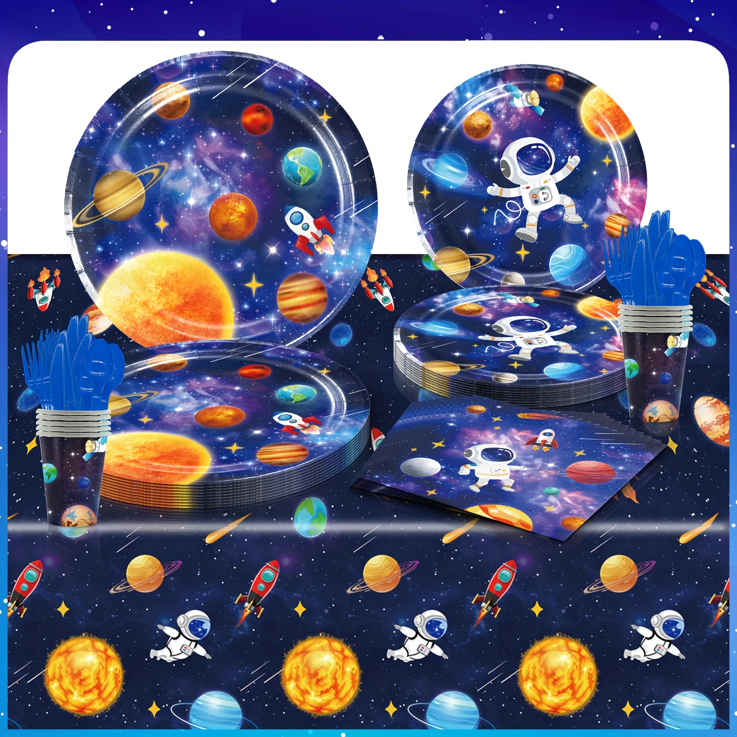 Outer Space Themed Party Decor Solar System Paper Plates,Cups,Napkins Astronaut Rockert Banner Birthday Party Supplies