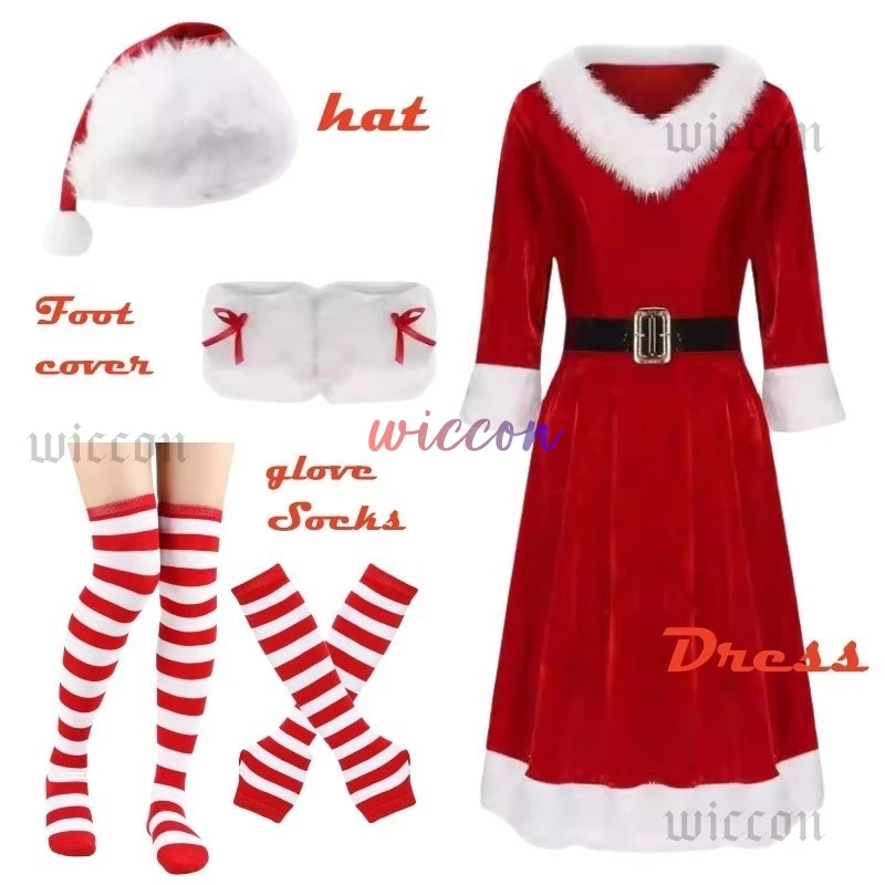 Christmas Velvet Christmas Dress Santa Claus Christmas Costume Xmas Party Santa Claus Socks Cosplay Dress Belt Suit Costume