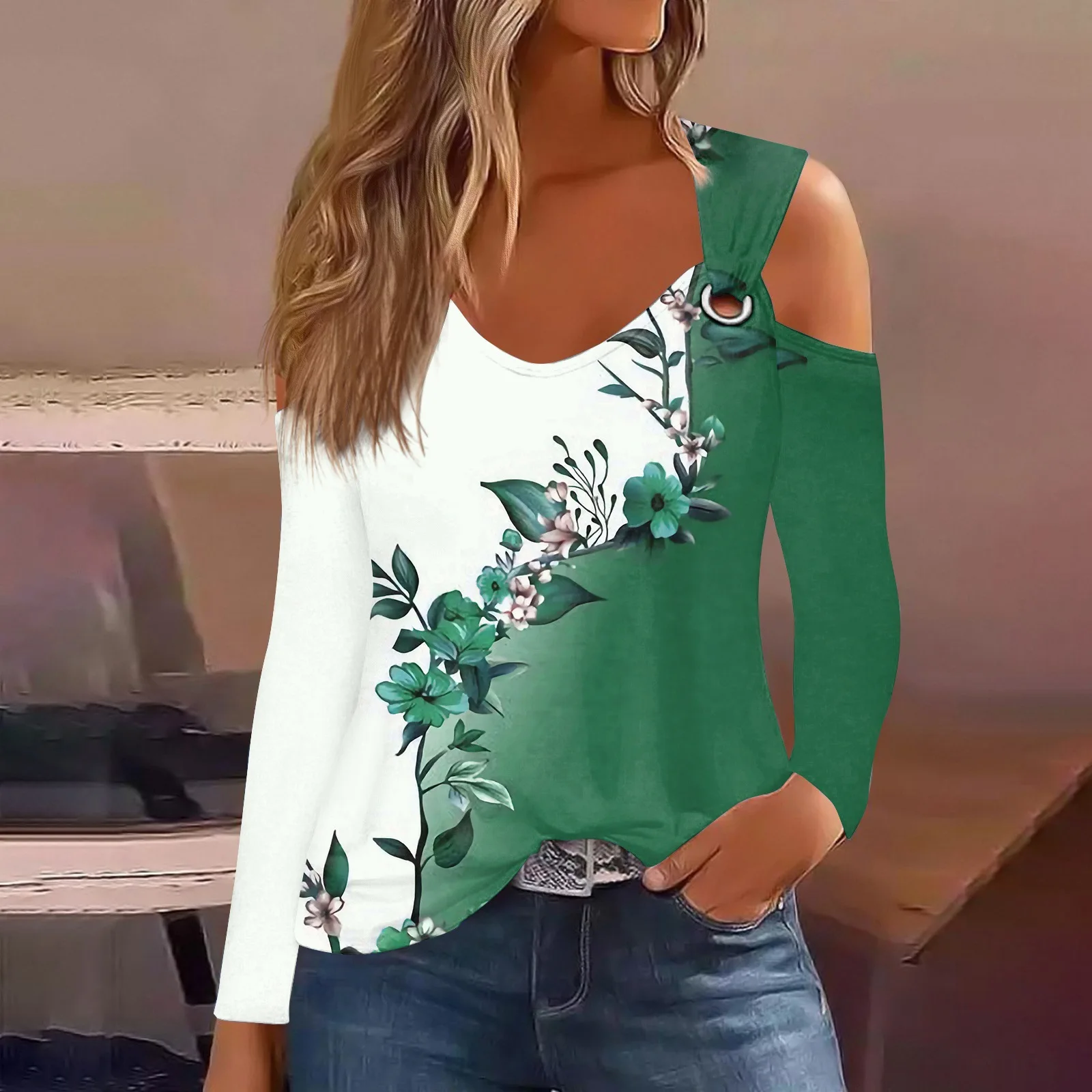 2024 Jesienna koszulka z długim rękawem i kwiatowym nadrukiem Kobiety Casual Hollow Out Tshirt Damskie topy Sexy Off Shoulder T Shirt Top Femme