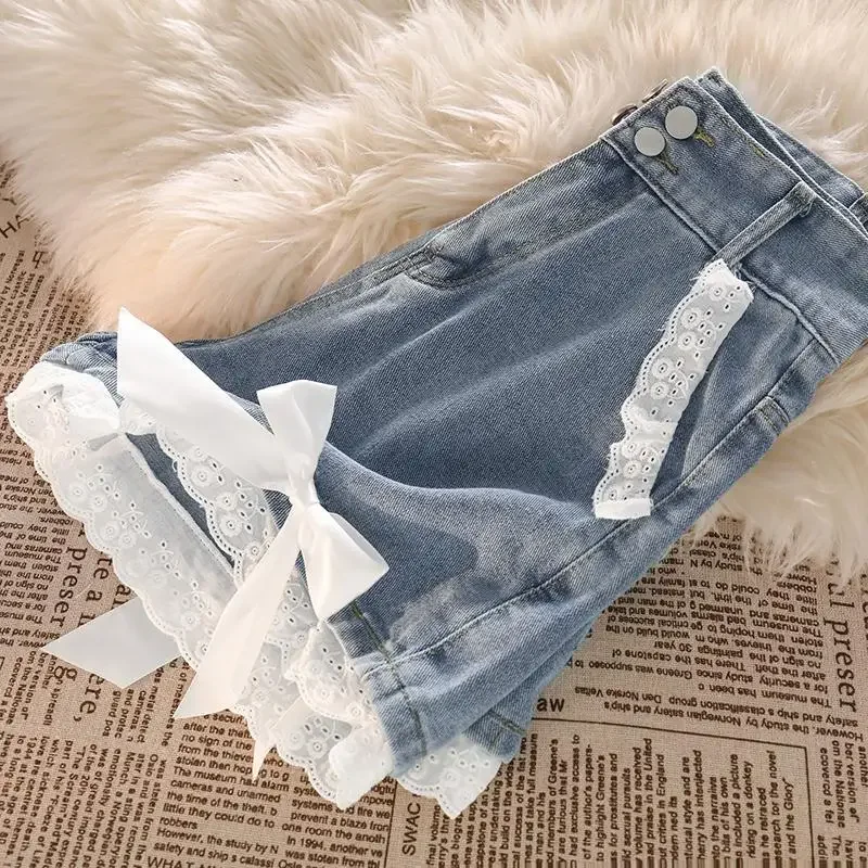 Japanese Preppy Style Bow Lace Patchwork Y2k Shorts Women Summer Straight Hotsweet High Waist Denim Short Pants Ruched