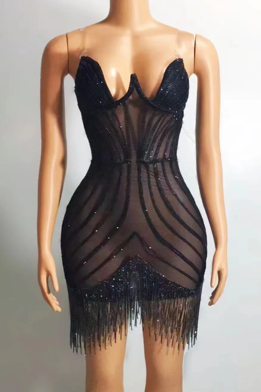 Glisten argento strass Mini abito cristalli frange vestito compleanno festeggia Sexy palcoscenico Costume Performance donne ballerino