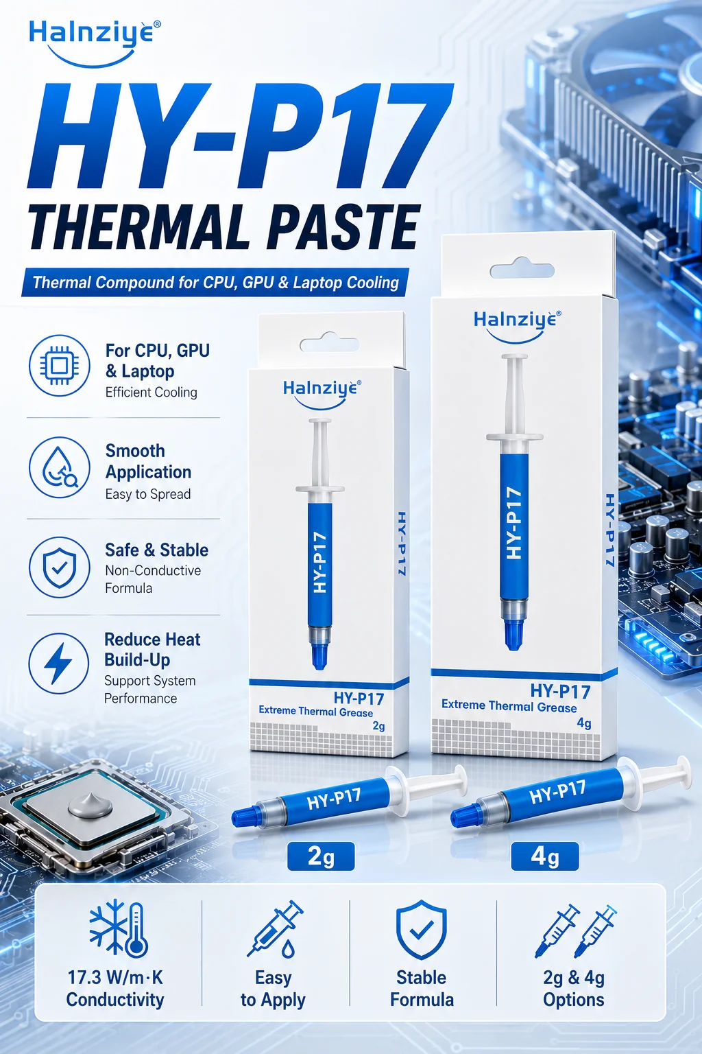 Halnziye HY-P17 Wärmeleitpaste 17,3 W/mK, nichtleitende Kühlmasse mit hoher Leitfähigkeit für CPU, GPU, PC, Laptop, Kühlkörper, Prozessor – Detail 1