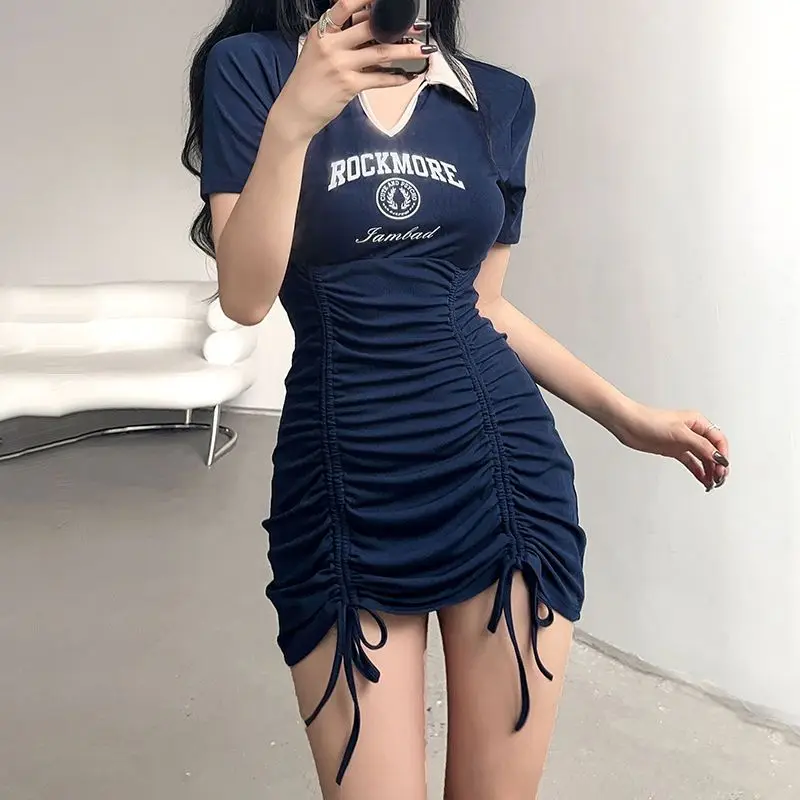 Retro Sexy Spicy Girl Letter Print Tie Pleated Short Sleeve Dress Women's Flip Polo Collar Plus Size Color Block Hip Skirts