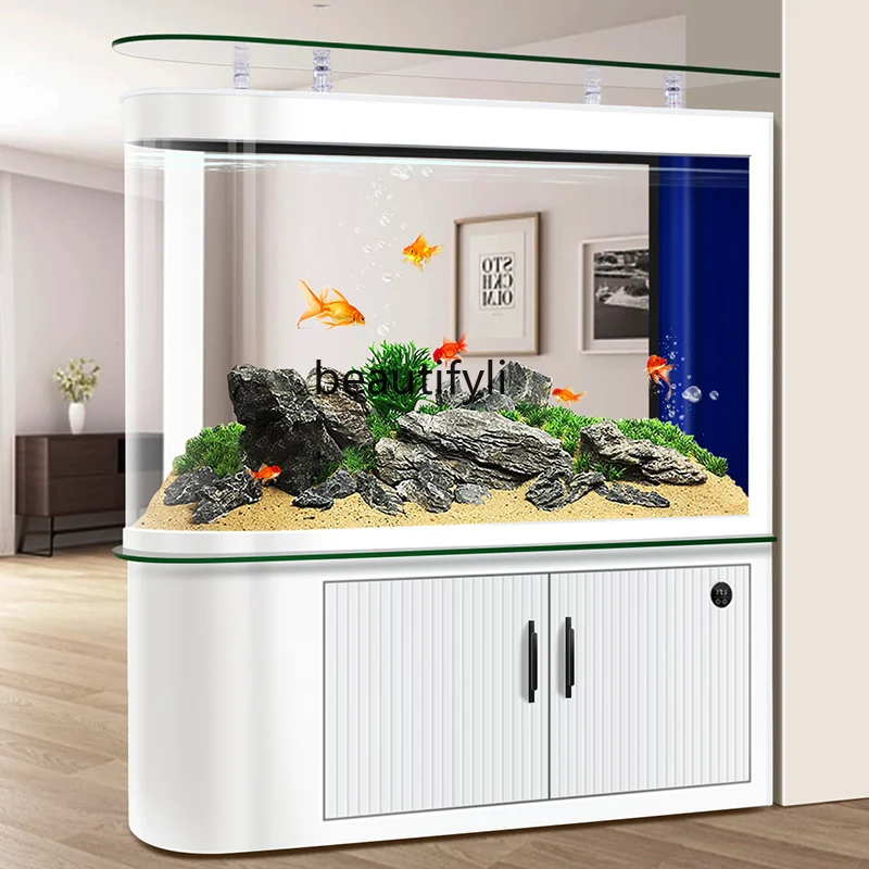 Modern light luxury bottom filter aquarium large bullet fish tank partition screen living room home