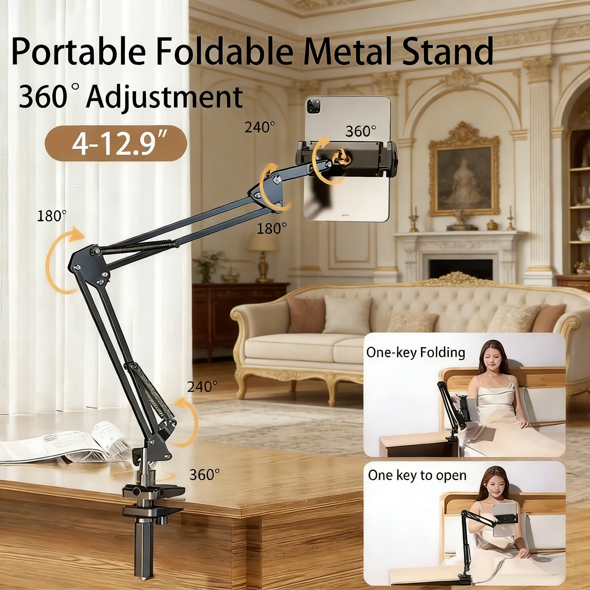 Long Arm Metal Tablet Phone Stand, 4-12.9" 180° Rotatable Adjustable Holder for iPad iPhone Samsung Huawei Xiaomi
