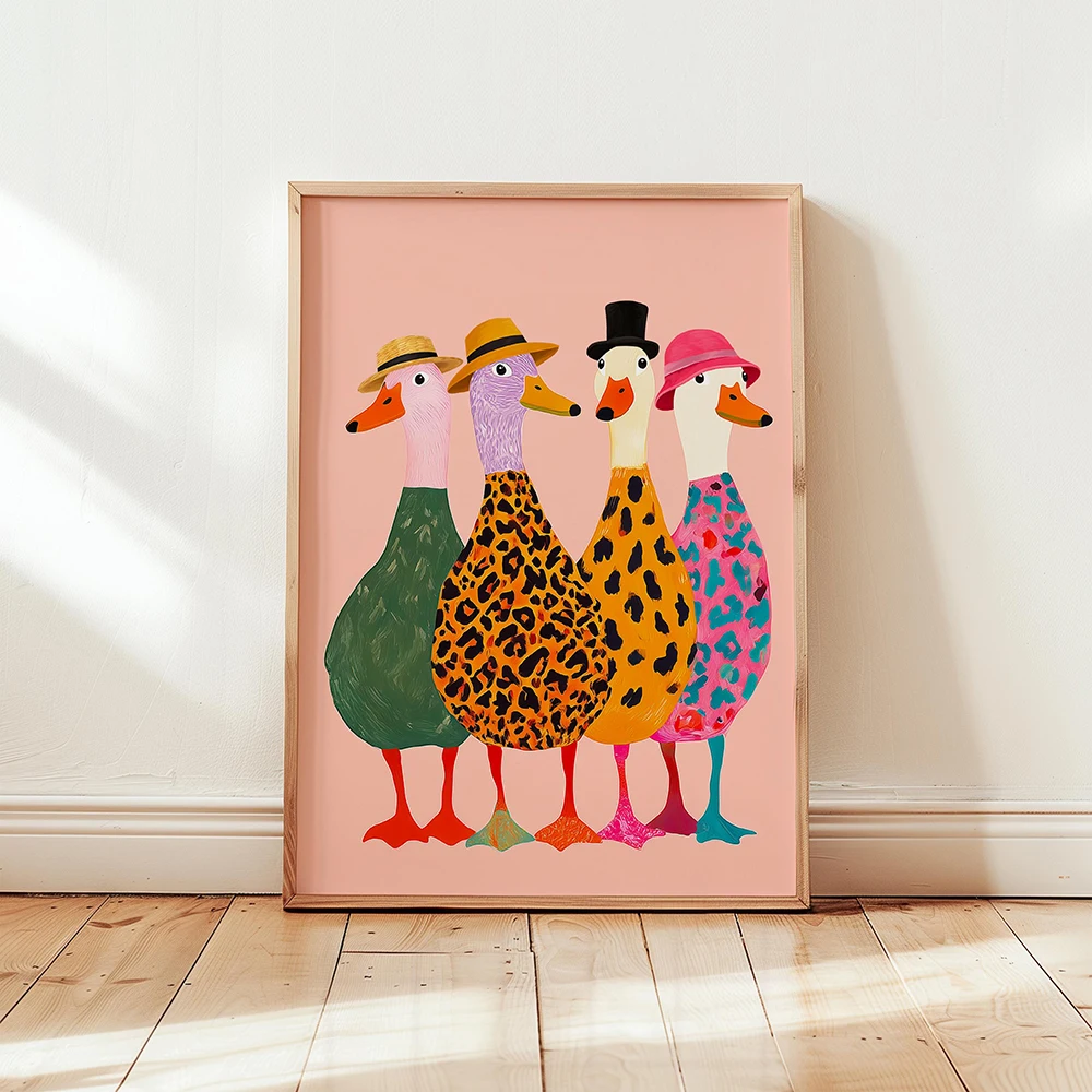 

Duck Poster Colorful Wall Art Funny Ducks with Hats Print Trendy Murals Animal Colorful Modern Kids Bedroom Decoration