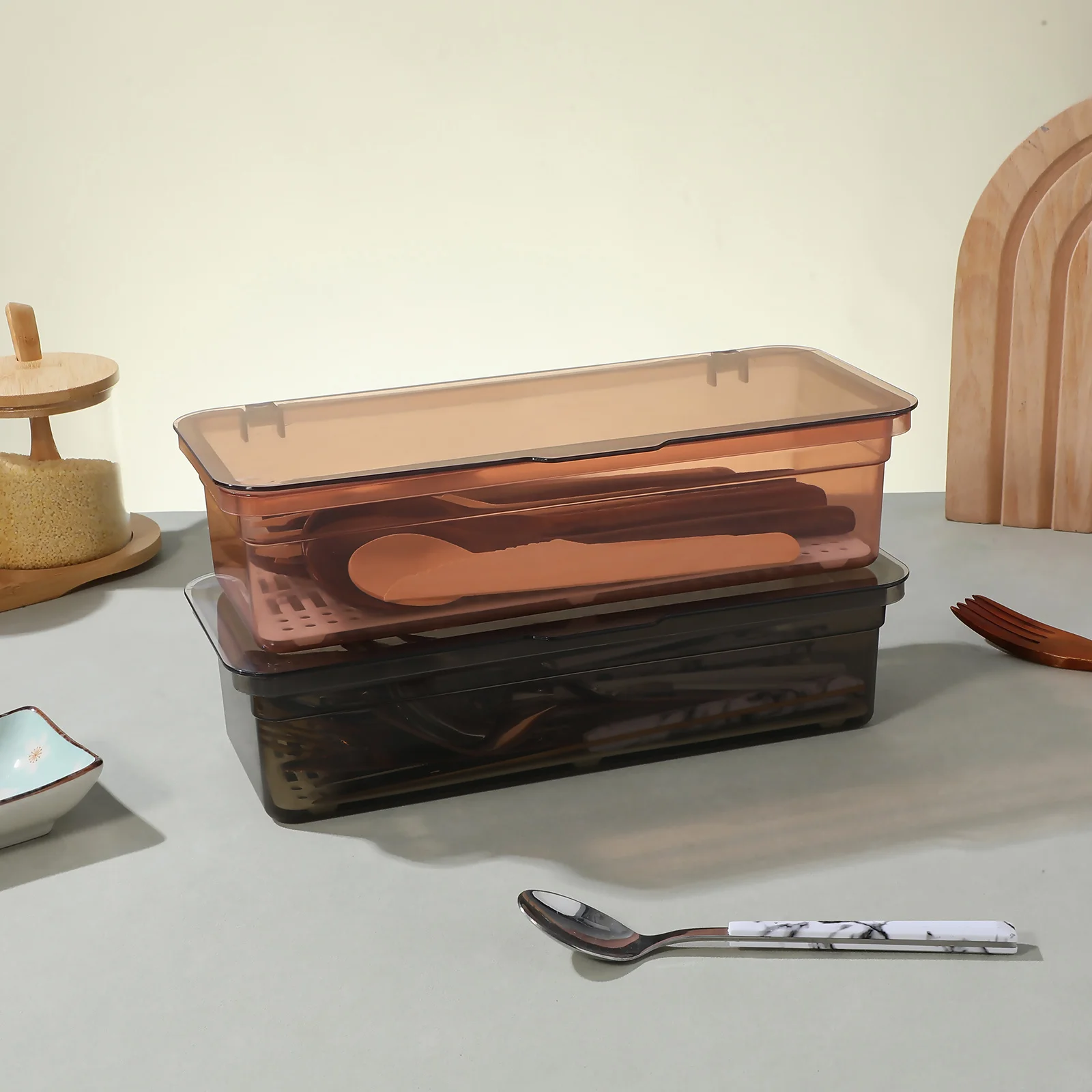 Bandeja de talheres drenável, 2 peças, plástico de qualidade alimentar, organizador de talheres, tampa, caixa de armazenamento de cozinha, recipiente de utensílio, gaveta de bancada