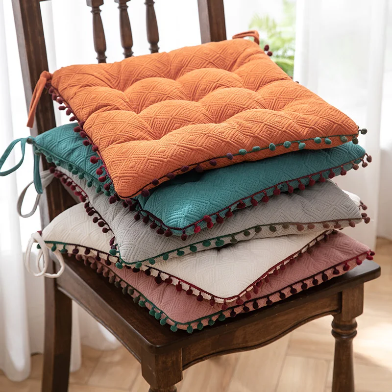 

Inyahome Velvet Soft Square Chair Pad with Ties Cute Gradient Pom Pom Indoor Dining Chair Cushion Thicken Soft Meditation Pillow