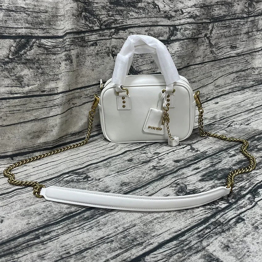 New Genuine Leather Chain Shoulder Crossbody Bowling Bag Small Square Purse Women's Handbag Elegant Chic Hot Y2K Style Bags