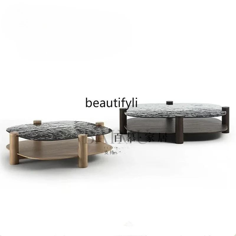 

Italian light luxury minimalist solid wood coffee table hot melt tempered glass water ripple designer art coffee table R