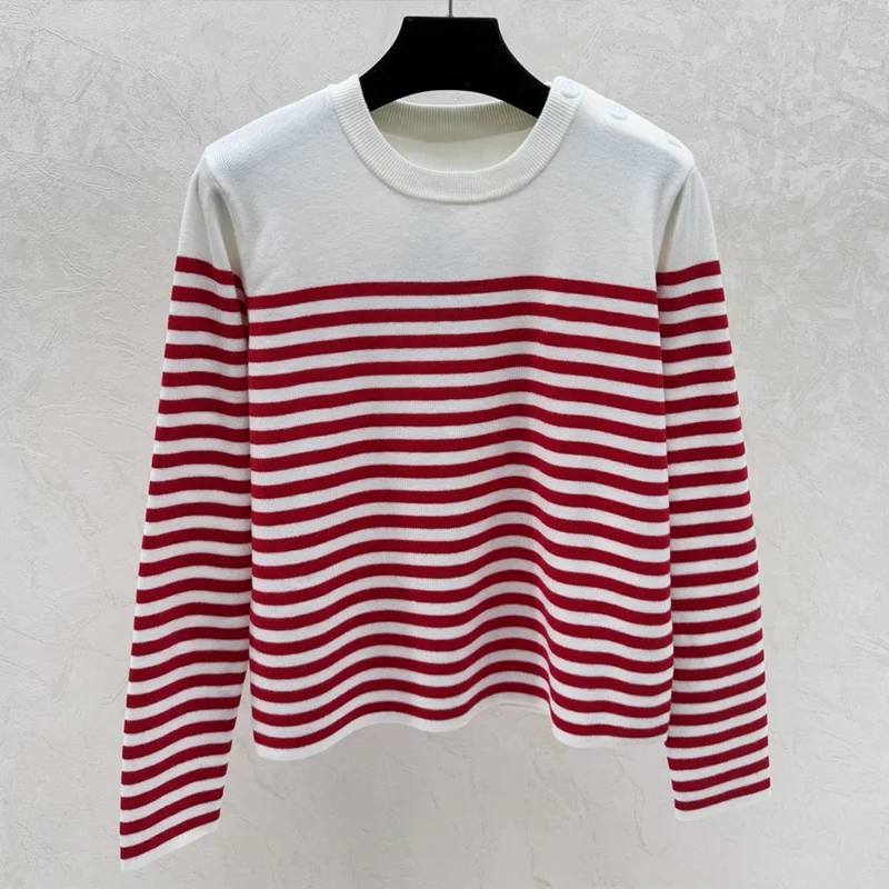 

High quality Side shoulder buckle women's wool knitwear striped sweater with embroidered letters pullover 25122227