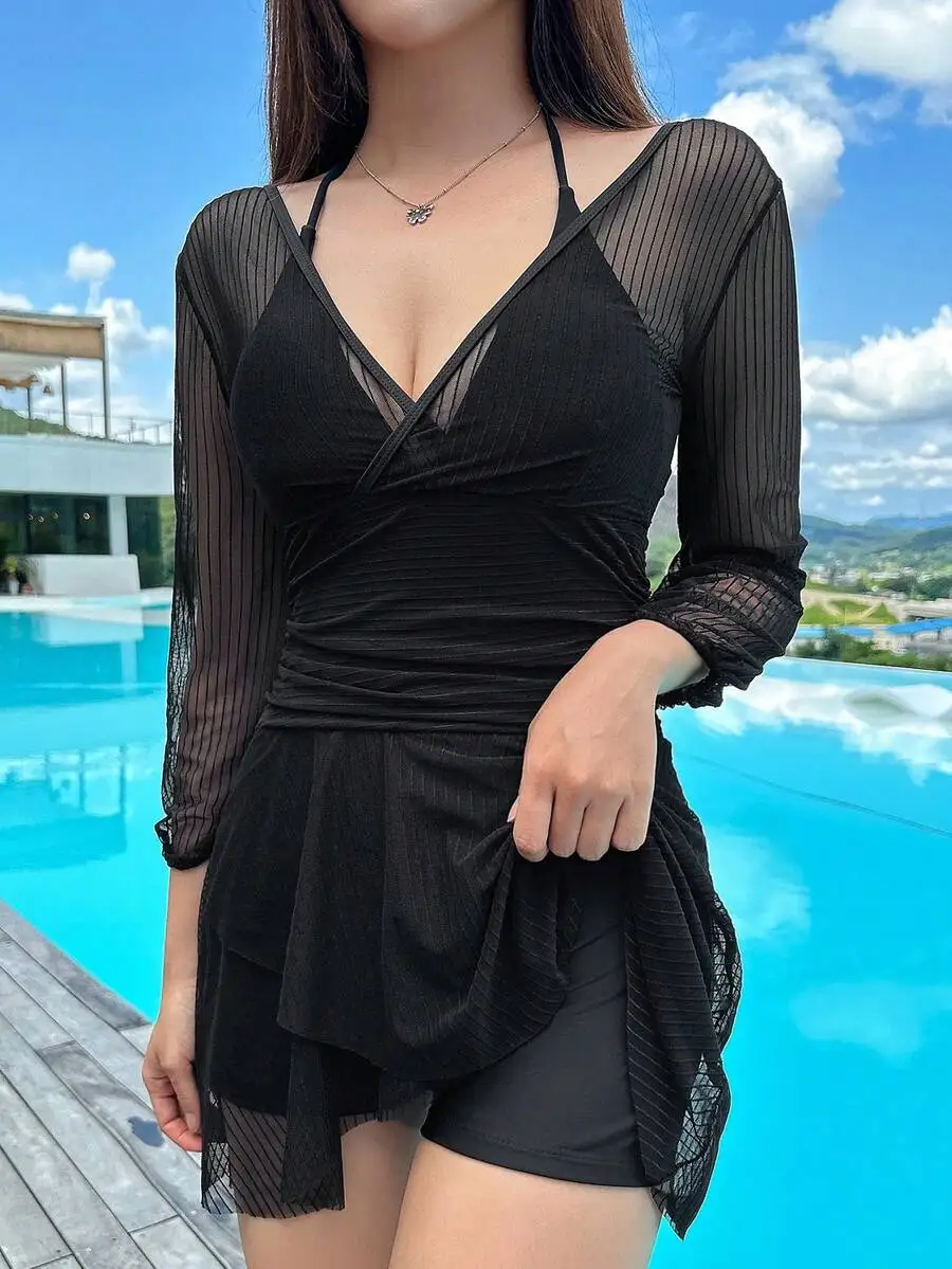 

Black Solid Halter One Piece Swimsuit With Sheer Cover Up For Women