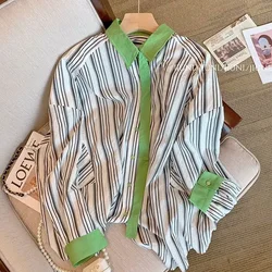 Fashion Vintage Contrast Color Striped Shirt for Female Loose All-match Long Sleeve Turn-down Collar Blouse Women's Clothing