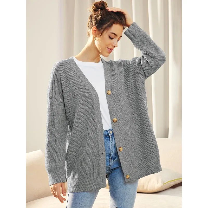 

V-neck Solid Color Sweater Outwear for Women Y2K Simple Sweater Cardigan Long Sleeve Knitting Button Loose Cardigan Coats