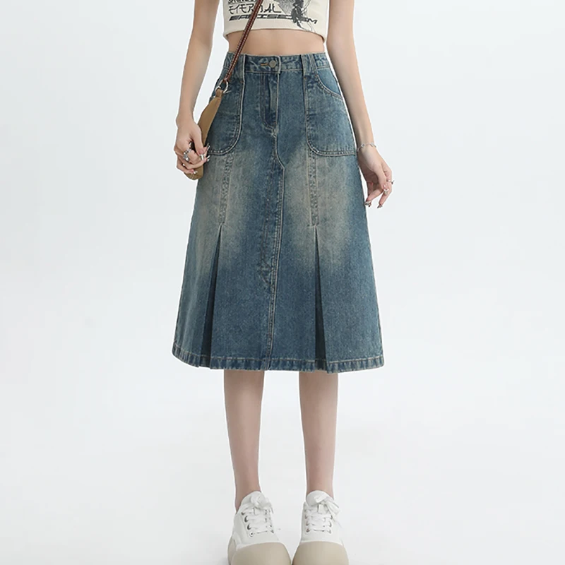 Summer New Denim Skirt With Pleats, Fashionable Trend, Retro Blue , High Waist, Slimming A-Line Mid Length Skirt For Women