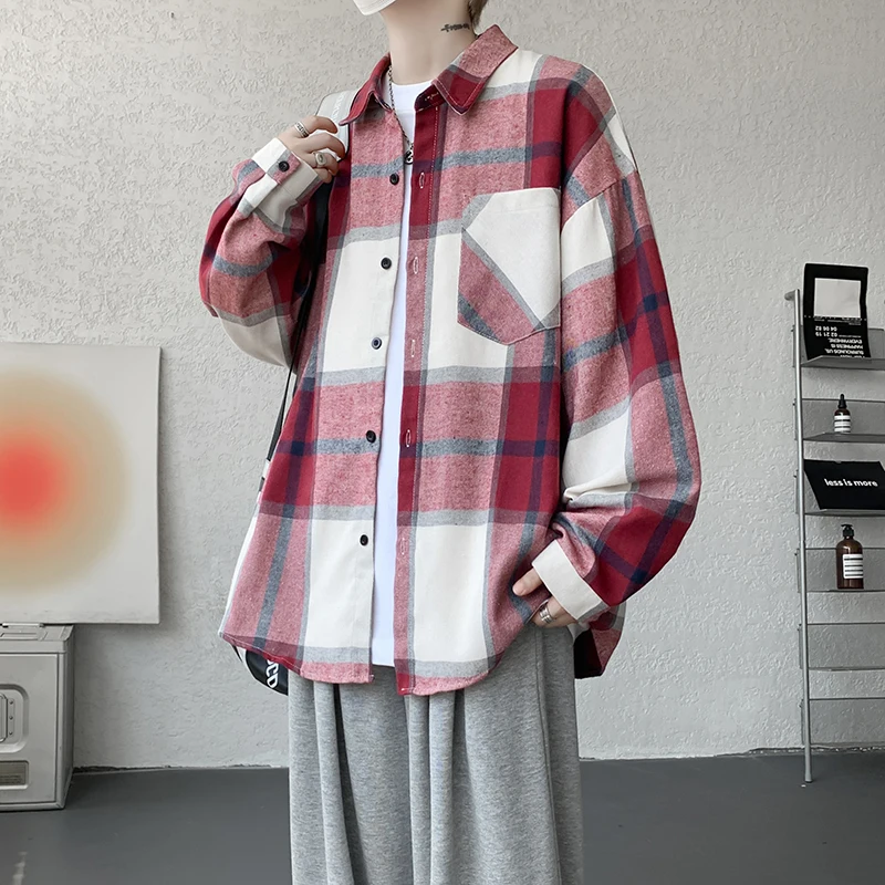 

Spring Long Sleeved Shirt Men Retro Casual Shirt Men Streetwear Korean Loose Plaid Shirt Mens Fashion Shirts Plus Size 4XL