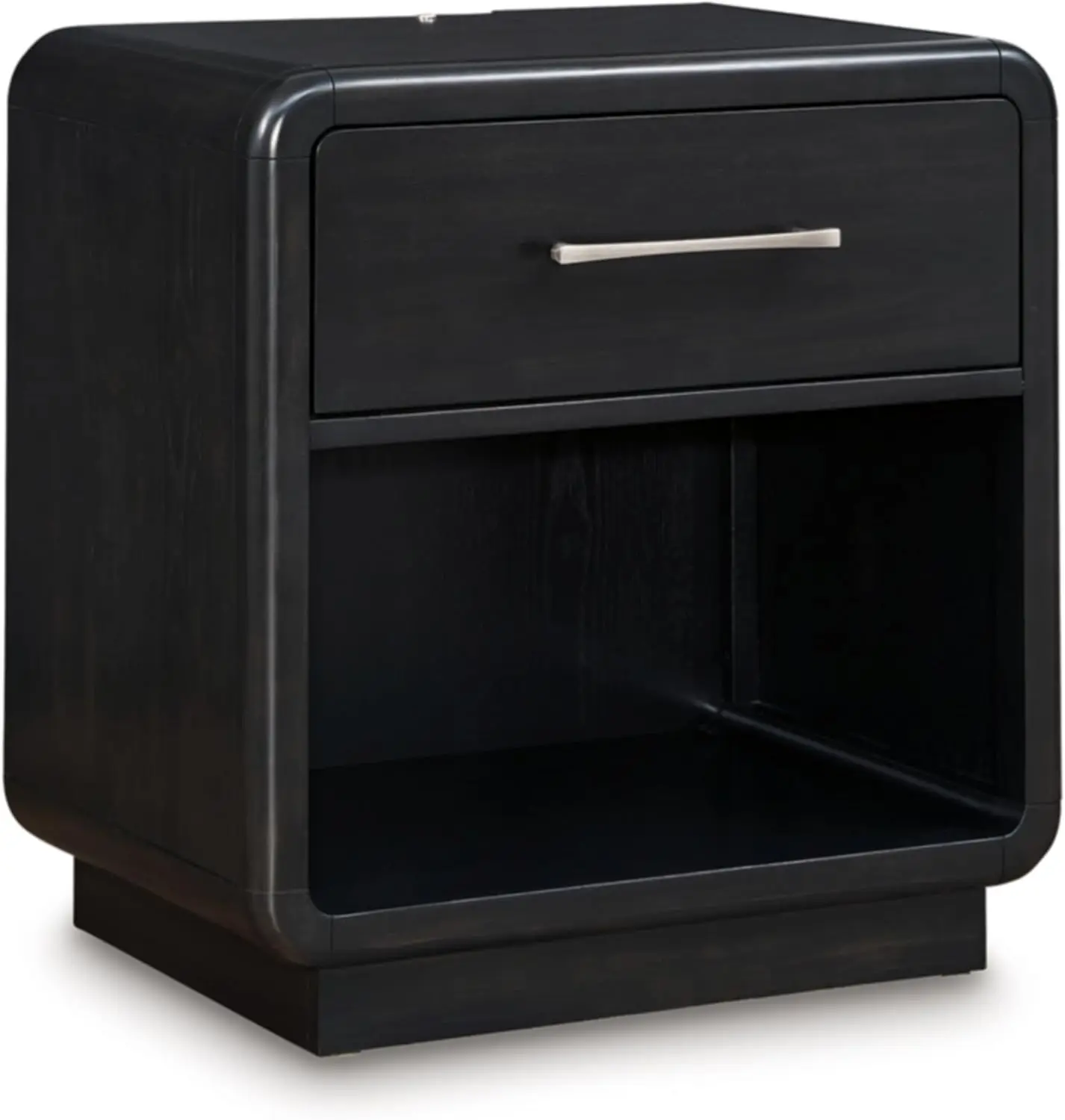 Rowanbeck Modern Felt-Lined 1 Drawer Nightstand With 1 Lower Shelf, Led Lights, Power Supply And Usb Ports, Black