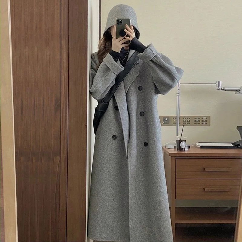 Grey coat 2023 autumn medium and long over-the-knee woolen coat women's high-grade texture small woolen coat trendy