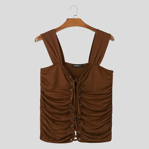 Men Tank Tops Solid Color Pleated Sleeveless Lace Up Hollow Out Streetwear Sexy Male Vests Summer 2025 Fashion Crop Tops INCERUN - Image 8