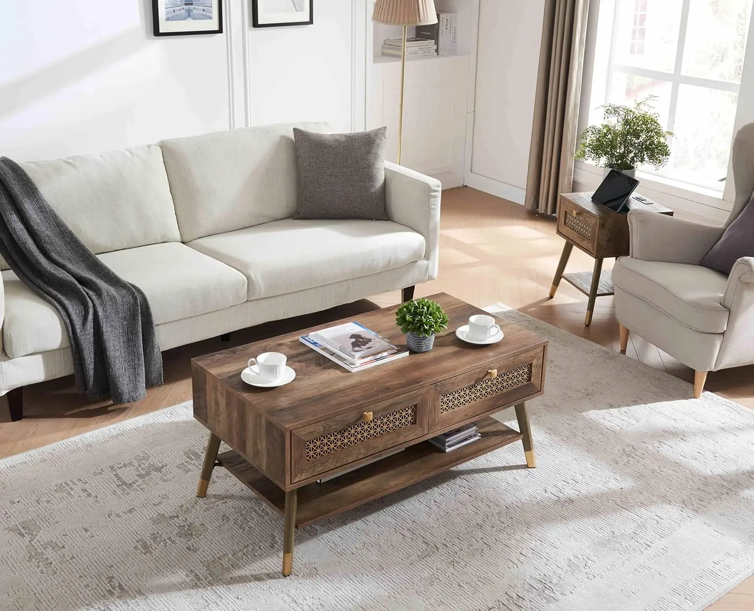 Mid Century Modern Coffee Table With Storage Drawers & Open Shelf, Solid Wooden Rectangle Table With Metal Legs Designed