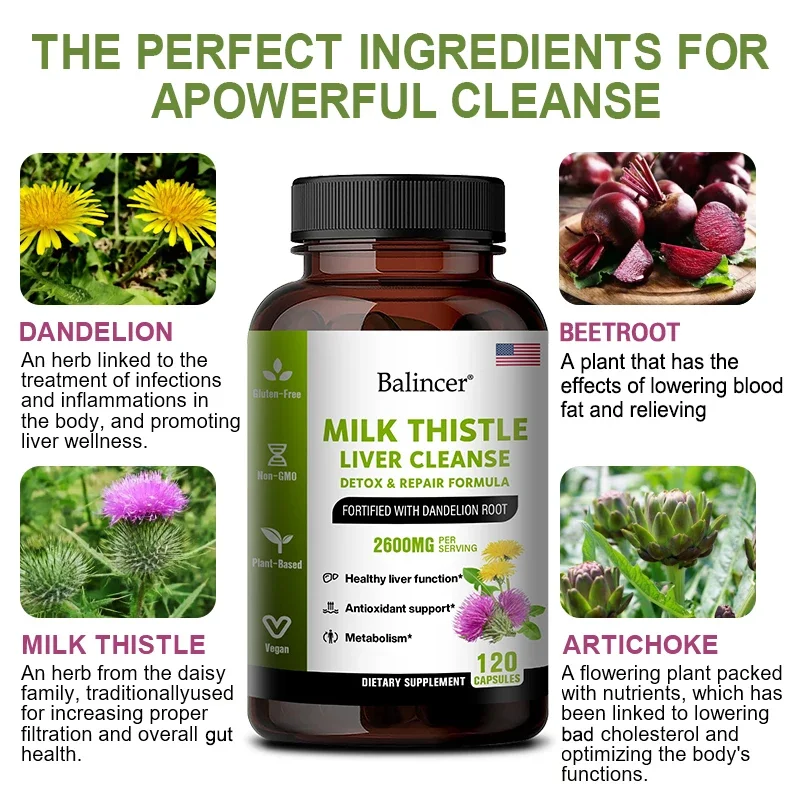 Natural Milk Thistle Extract Liver Capsules - Detox Cleansing Supplement