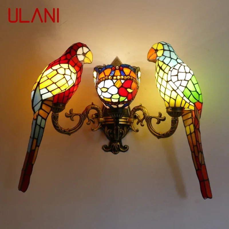 

ULANI Tiffany parrot Wall Lamps American countryside Children's room Homestay Villa Hotel Stained Glass Animal Decoration Lamp