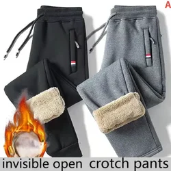 Aberto-virilha calças de inverno masculino velo-forrado espessado calças casuais invisível zíper casal namoro sexo livre conveniente