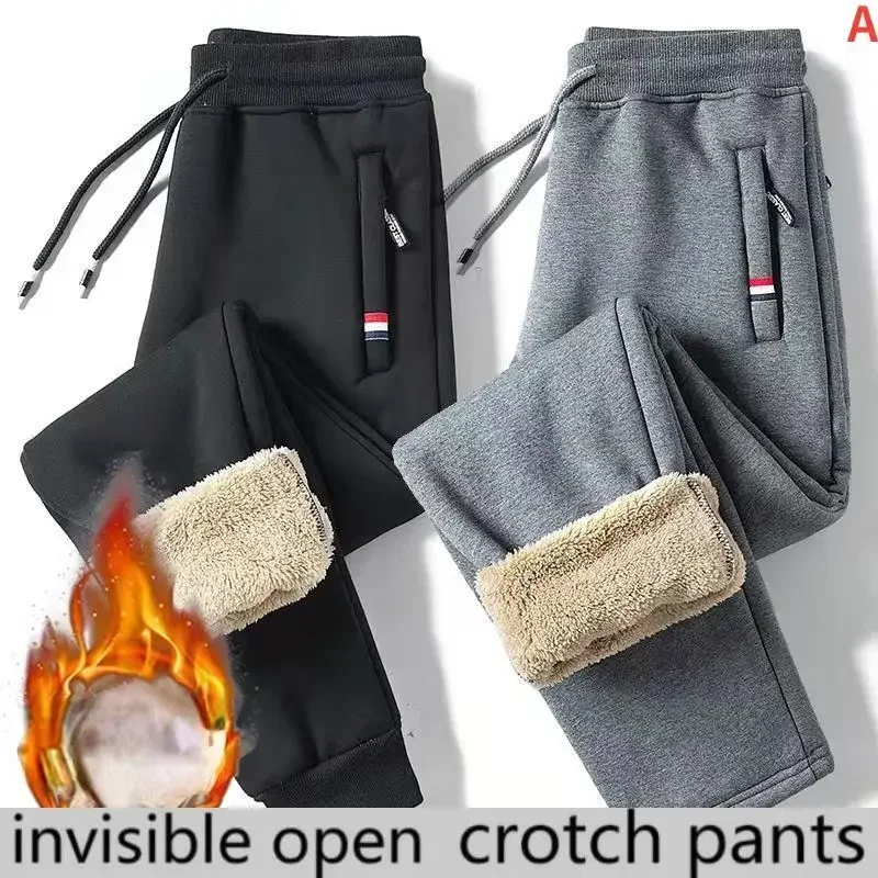 Open-Crotch Pants Winter Men 'S Fleece-Lined Thickened Casual Pants Invisible Zipper Couple Dating Sex Free Off Convenient