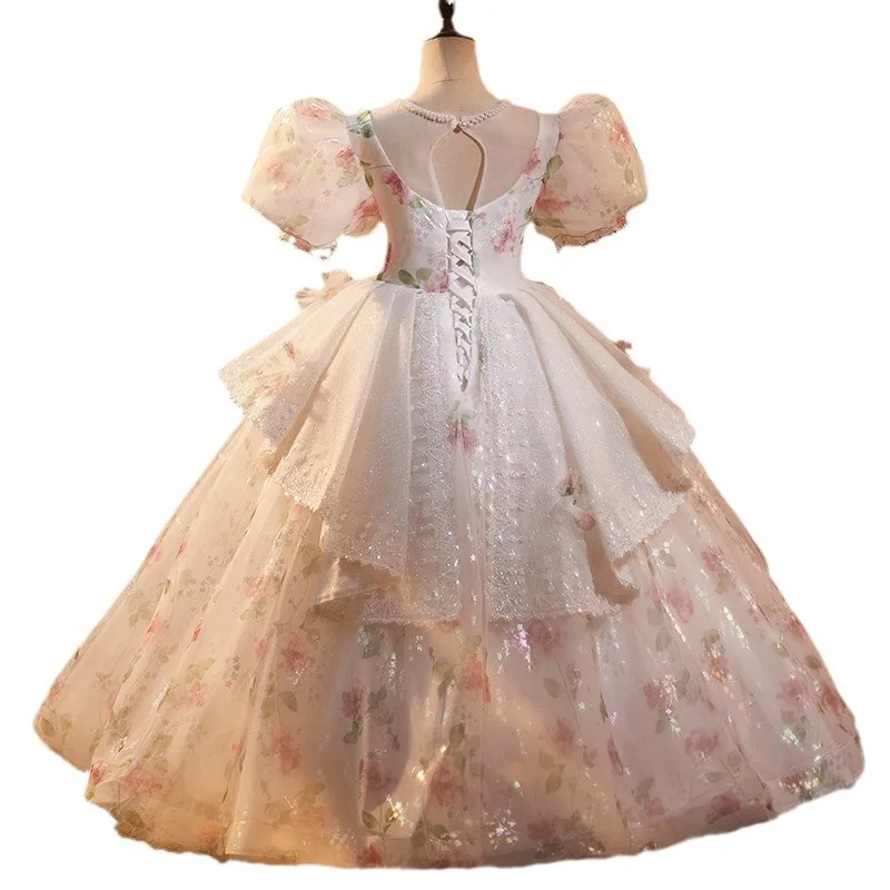 2024 Girl printing birthday dress girl host princess dress flower girl fluffy dress model runway piano performance dress