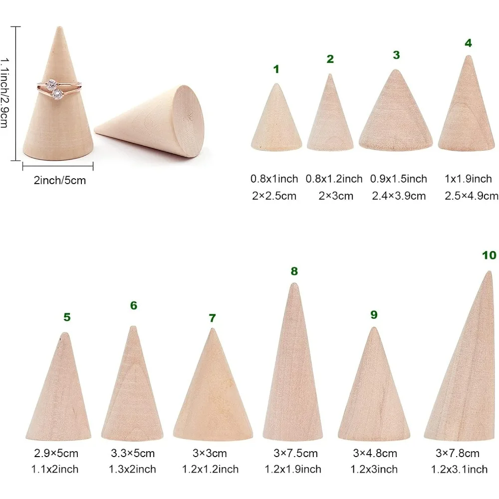 10 Pcs Natural Wood Cone Ring Holders Wooden Ring Display Stands with 10 Different Size Unpainted Wooden Cones Jewelry Display