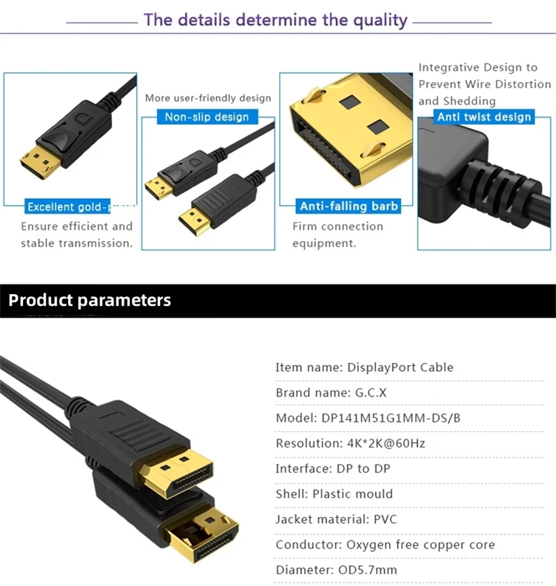 Displayport Cable DP 4K 144Hz Video Audio Cable Display Port Adapter for Xiaomi TV Box PC Laptop Monitor Video Game 1.2 DP Cable