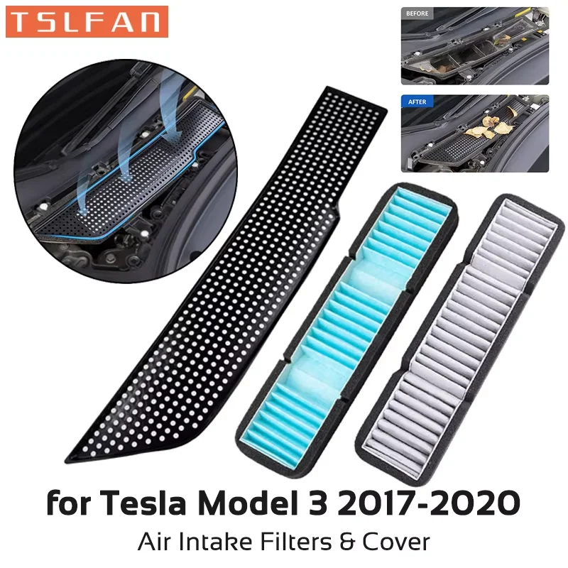 3PCS Car Air Filter Air Conditioner Cabin Filter Air Intake Grille Protective Cover for Tesla Model 3 2021 2022 Replacement Part